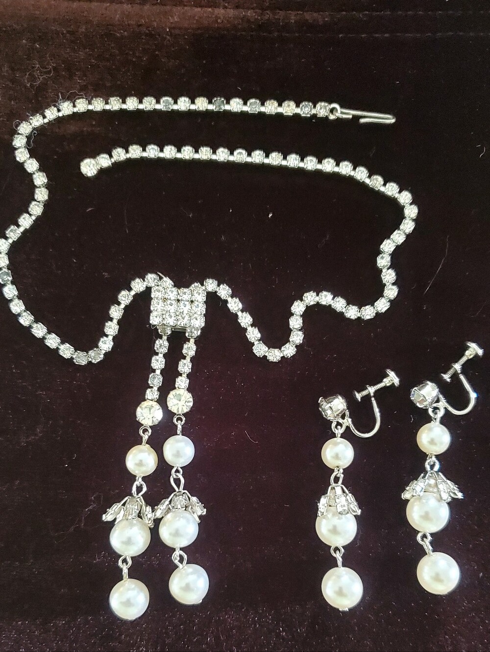 Vintage Crystal & Pearl Dangle Necklace & Matching Earrings -- Women's Jewelry
